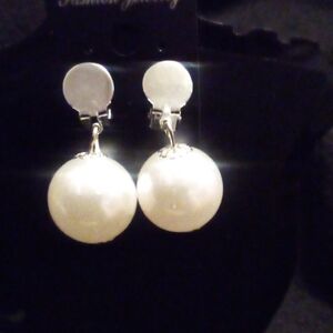 Elegant Silver and White Pearl Drop Clip On Earrings